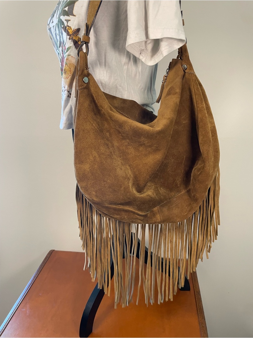 Fringed Suede Hobo Bag - Tan